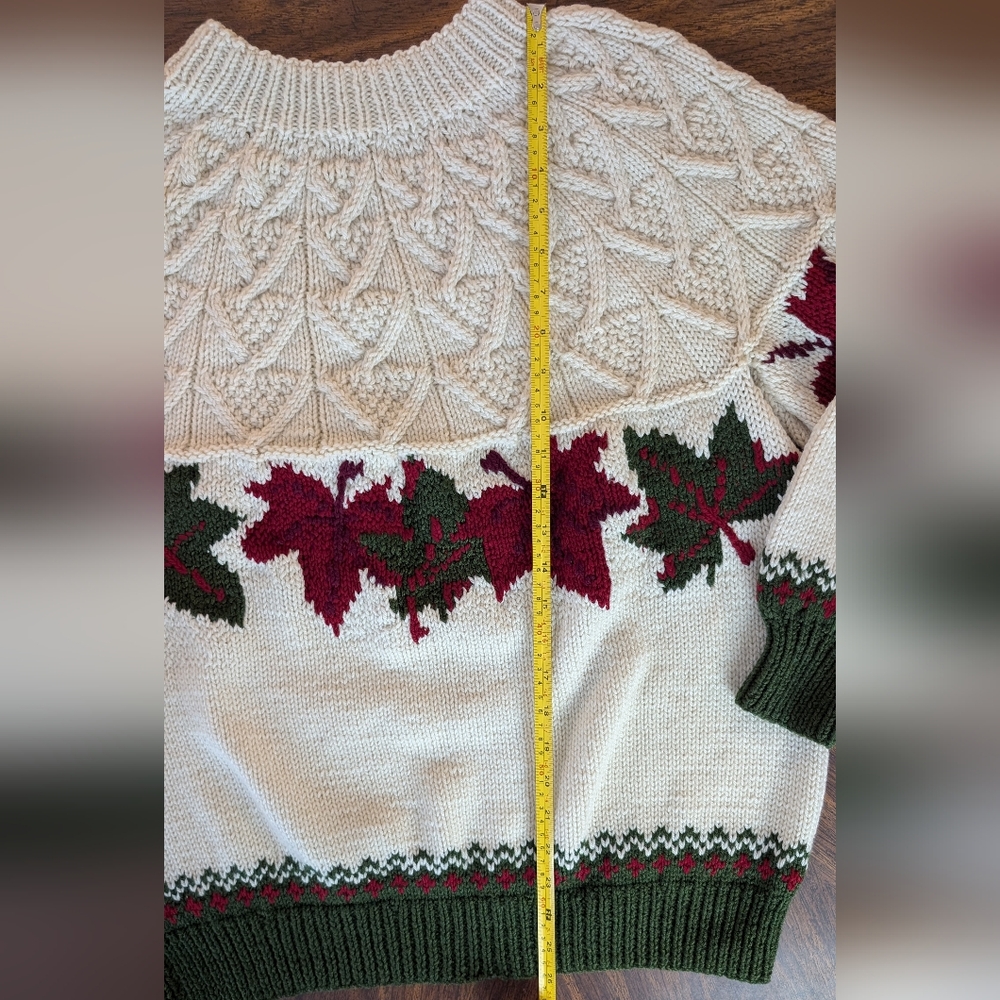 Handmade Knit Sweater, Cream w Red & Green Leaves, Crewneck Pullover Sweater - Picture 11 of 14